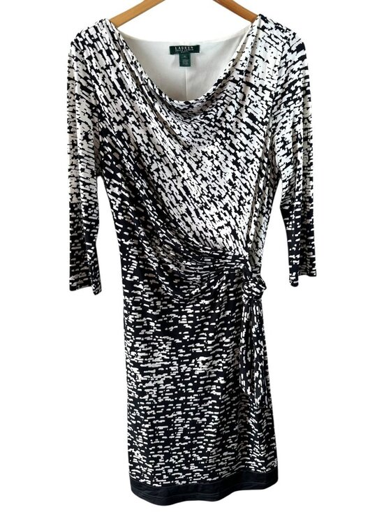 Lauren Ralph Lauren Black White Abstract Wrap Dress Ruched Size 14 - Picture 2 of 7